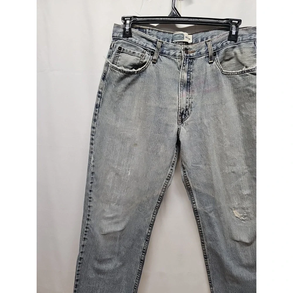 Levi Strauss Signature Men Blue Relaxed Fit Distressed Classic Denim Jeans 36x30